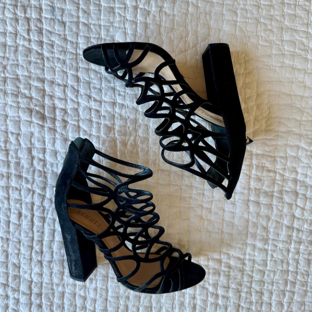 Schutz Black Suede Strappy Block Heel Sandals Size 8.5